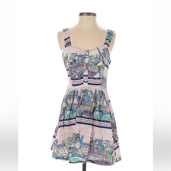 Olsenboye pink in Paris print cotton fit and flare button up dress, size 5 - Picture 1 of 9